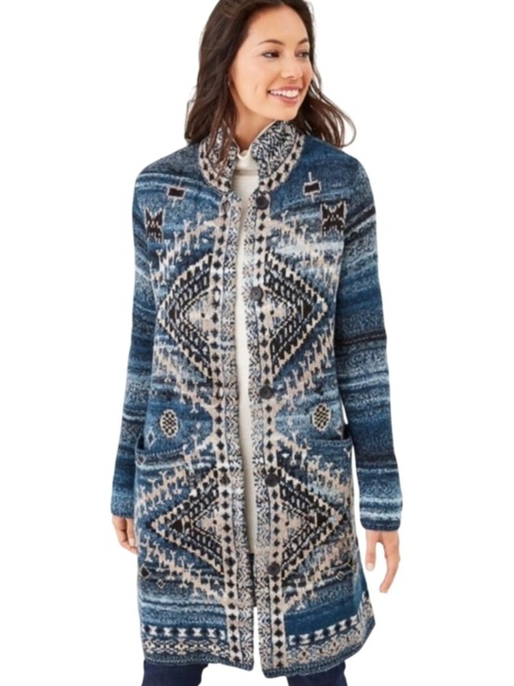 J.Jill Southwestern Navajo Wool Blend Long Cardigan Sweater Duster XS Boho Cozy